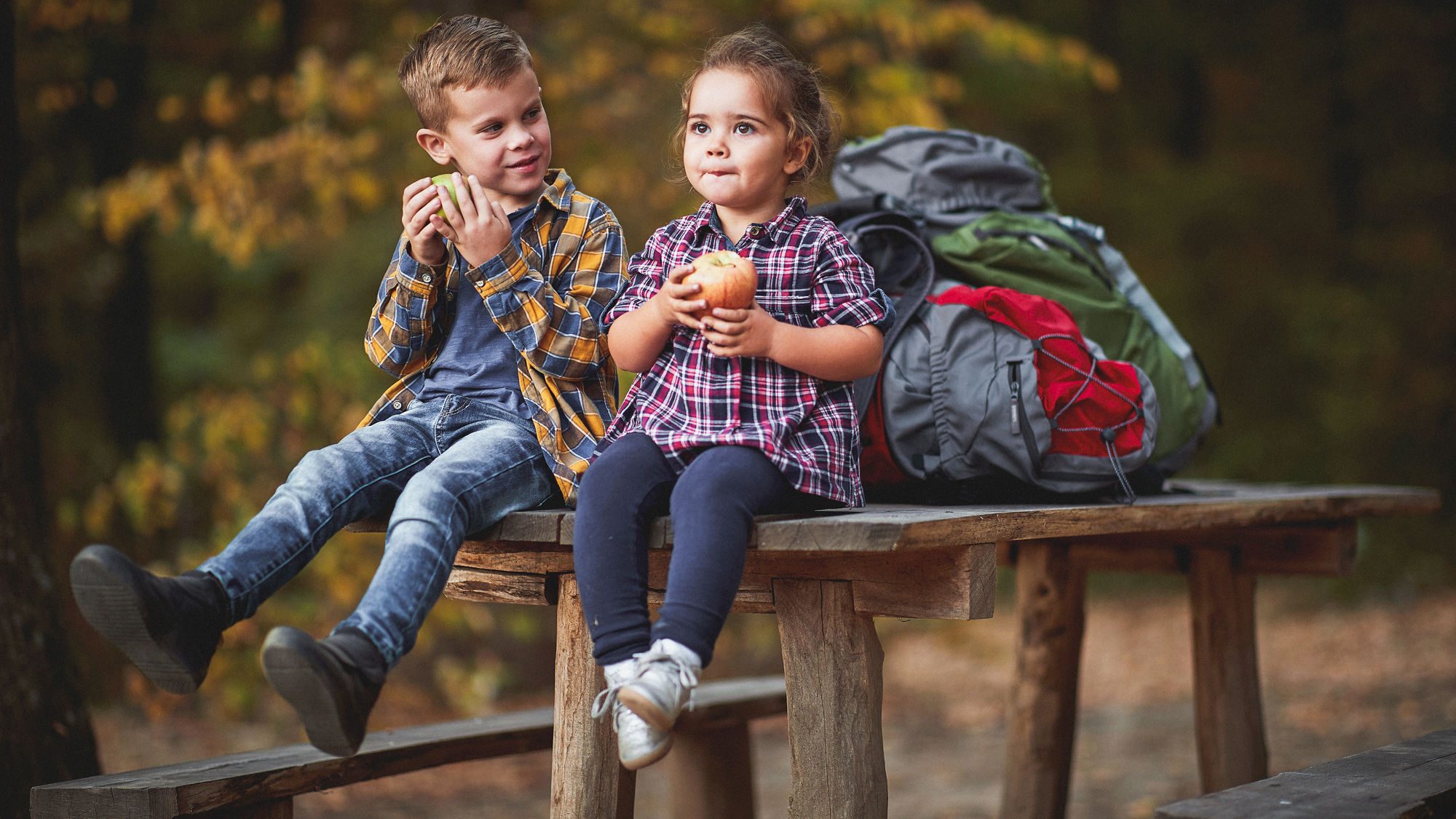Kinder essen bei einem Ausflug in der Natur einen Apfel
