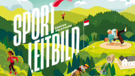 Hügellandschaft mit Schriftzug Sportleitbild und aktiven Sportlerinnen und Sportler (Wimmelbild)