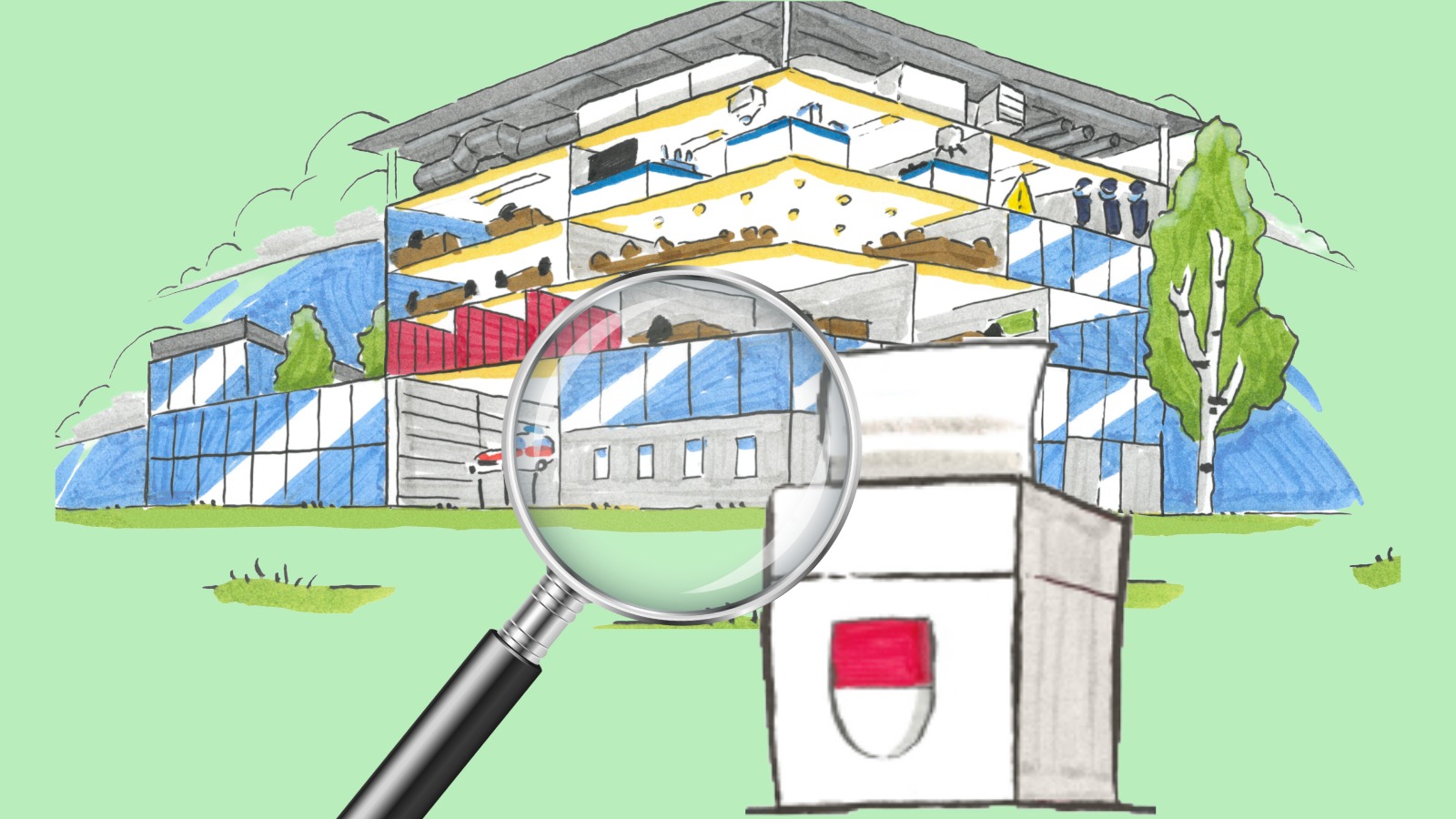 Illustration mit dem KAPO-Neubau Oensingen, sowie einer Wahlurne und einer Lupe, die das Ganze fokussiert