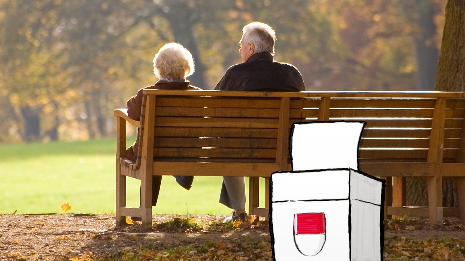 Alte Menschen auf einer Parkbank, mit Abstimmungslogo des Kantons Solothurn