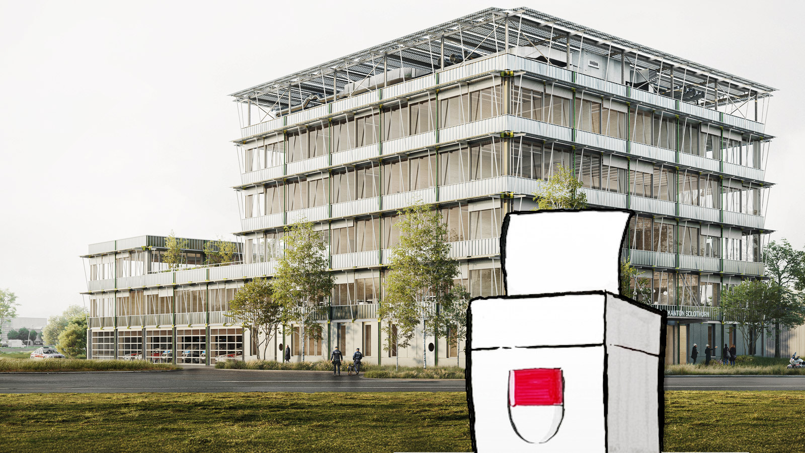 Visualisierung des neuen Stützpunktbaus der Kantonspolizei Solothurn in Oensingen, mit Abstimmungslogo des Kantons Solothurn