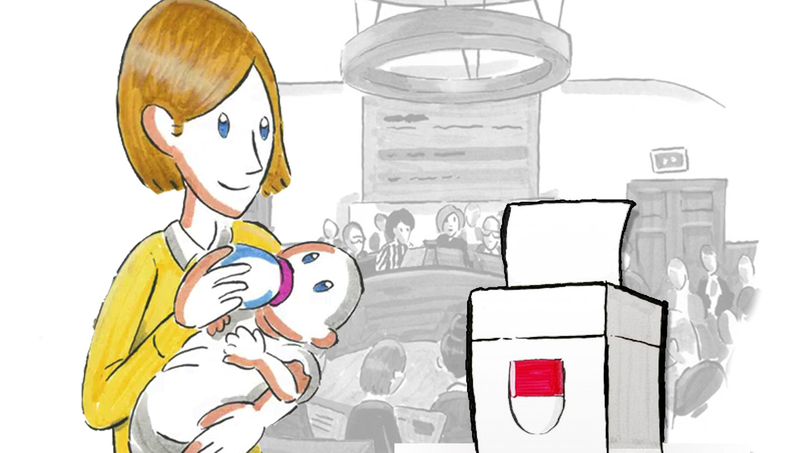 Illustration einer Mutter mit Baby vor dem Kantonsratssaal - dazu eine Abstimmungsurne als "Signet"