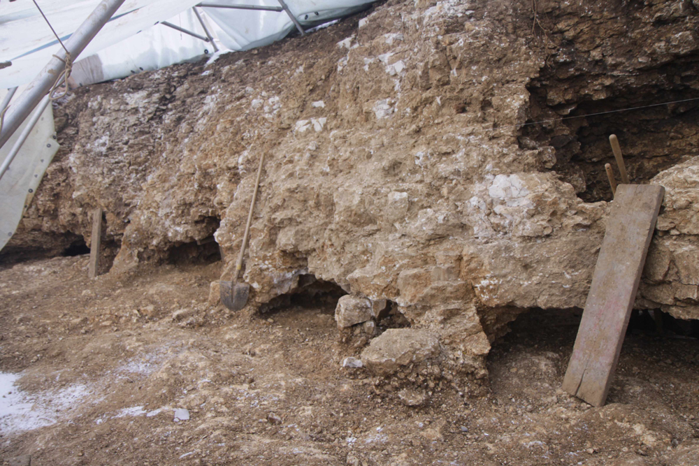 Bild 1 - Anstehender Kalksteinfelsen, an dessen Fuss die niedrigen Höhleneingänge liegen.